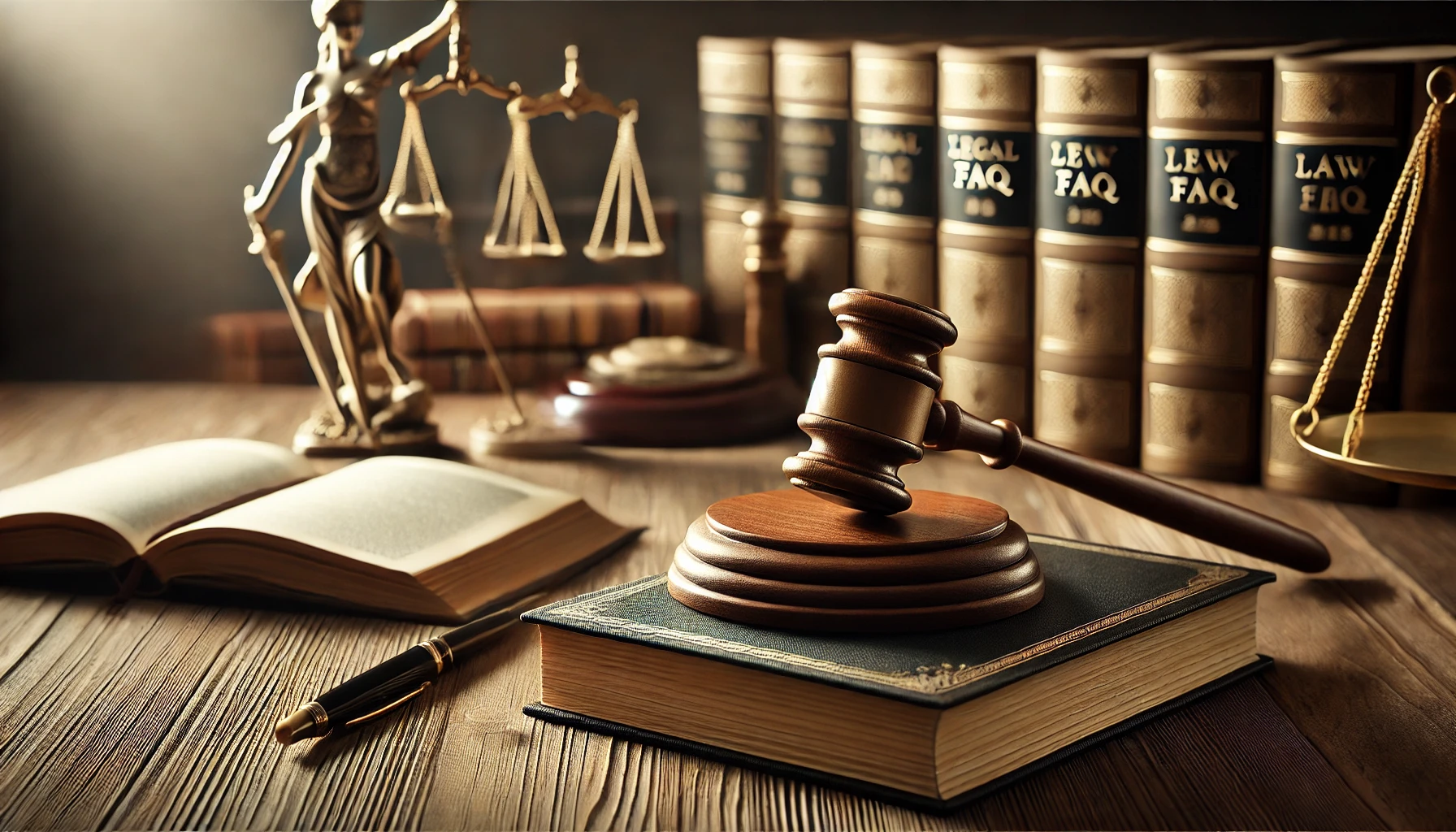 DALL·E 2025-02-28 11.04.57 - A professional and elegant horizontal image related to legal FAQ and law firms. The image should feature a well-lit wooden desk with a judge's gavel, a judge's gaven on a wooden table